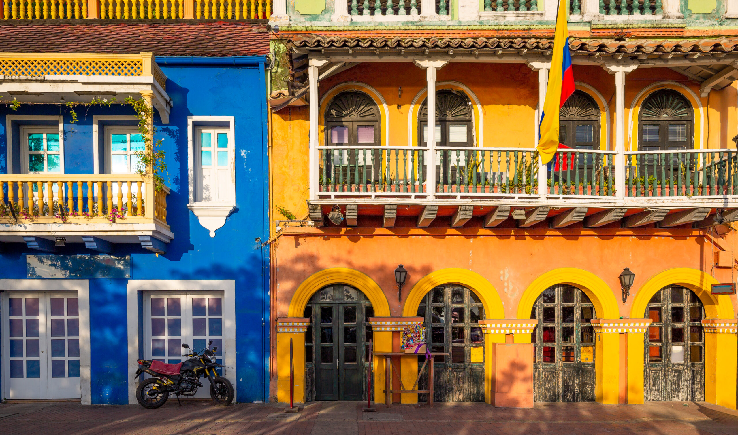 Colombia, Scenic colorful streets of Cartagena in historic Getsemani district near Walled City (Ciudad Amurallada)