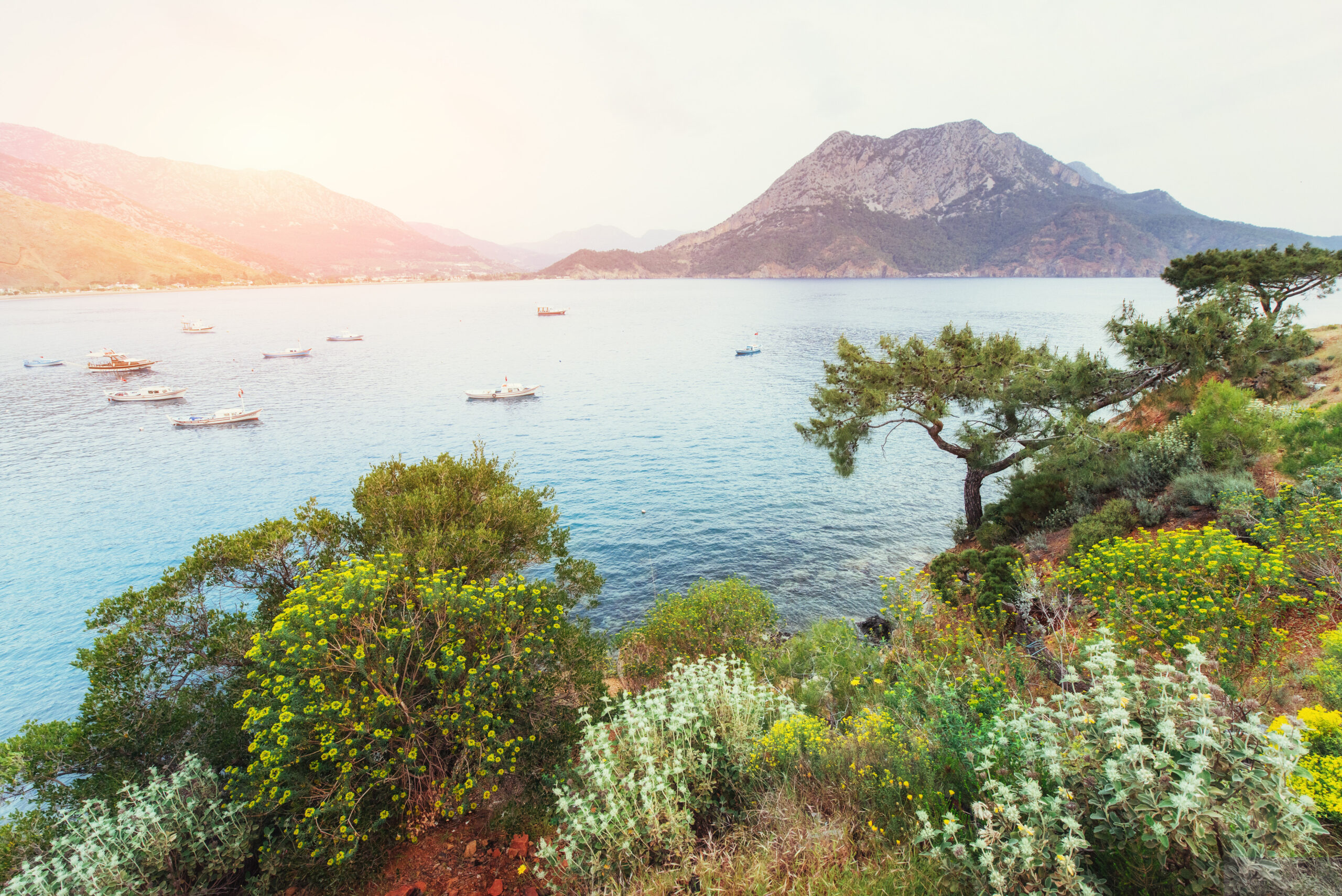 The picturesque sunset. View of the boats at sea Turkey